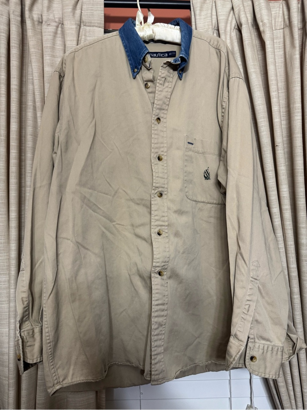 Nautica Khaki Button-Down Shirt with Blue Denim Collar